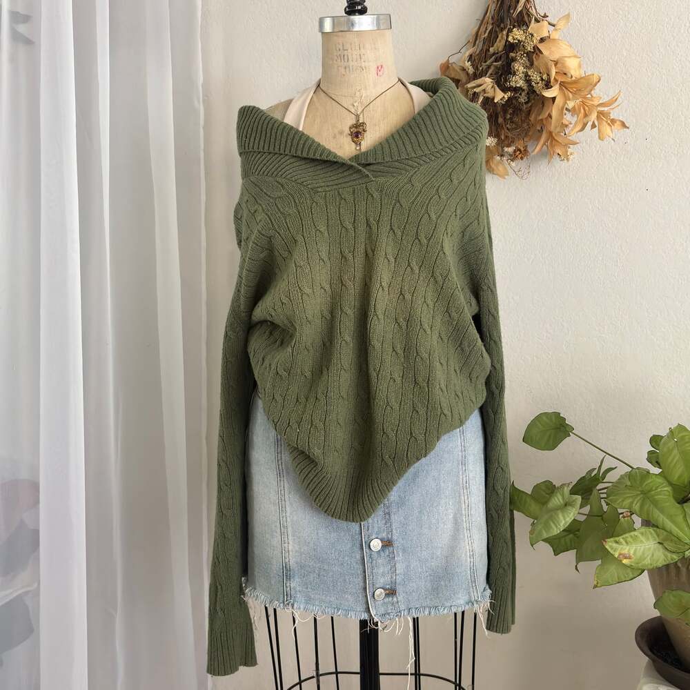 Eddie Bauer Cable Knit Crew Neck Sweater Olive Green